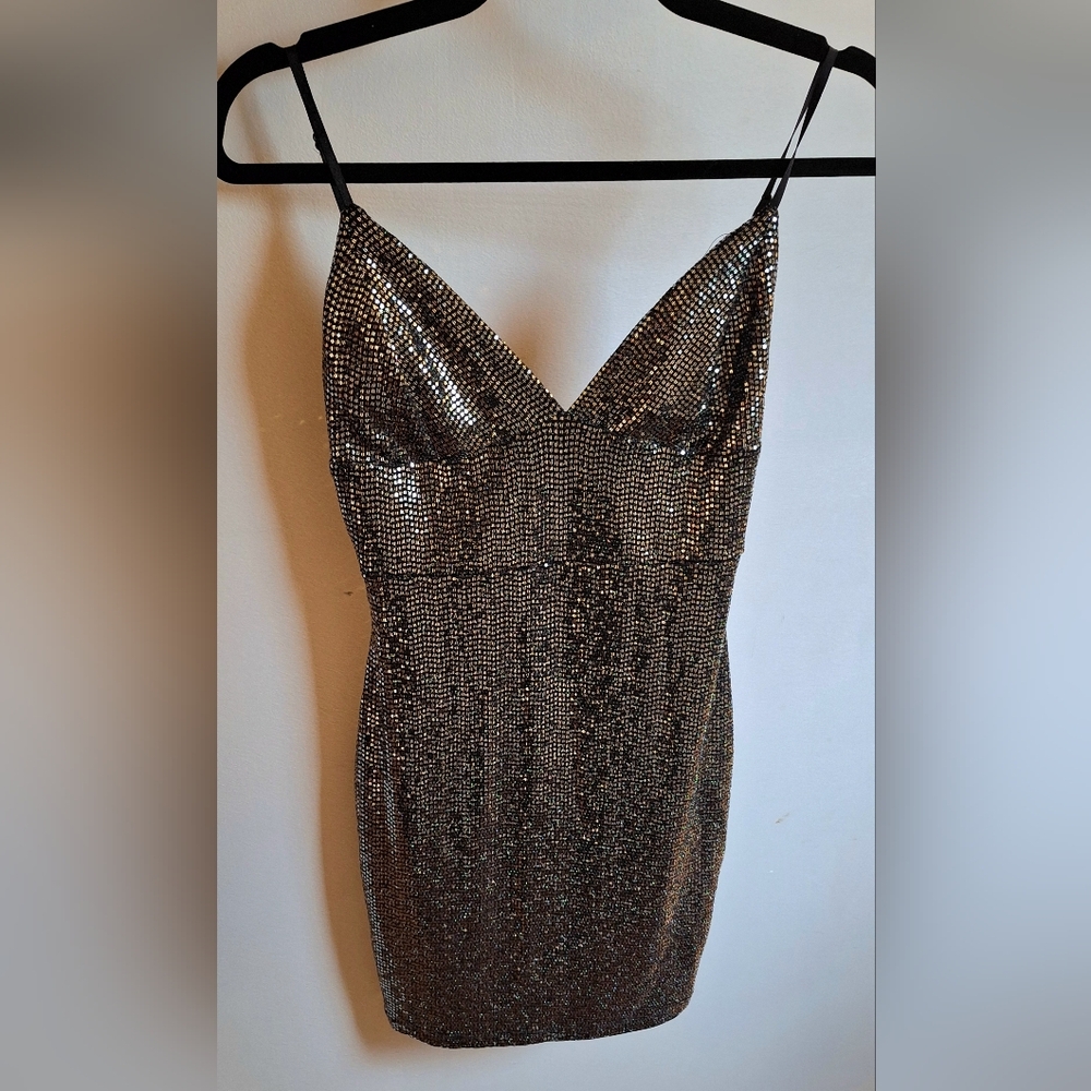 Lulu's Black Sequin Mini Dress Spaghetti Strap Bodyconlus. Once Worm. Size S.